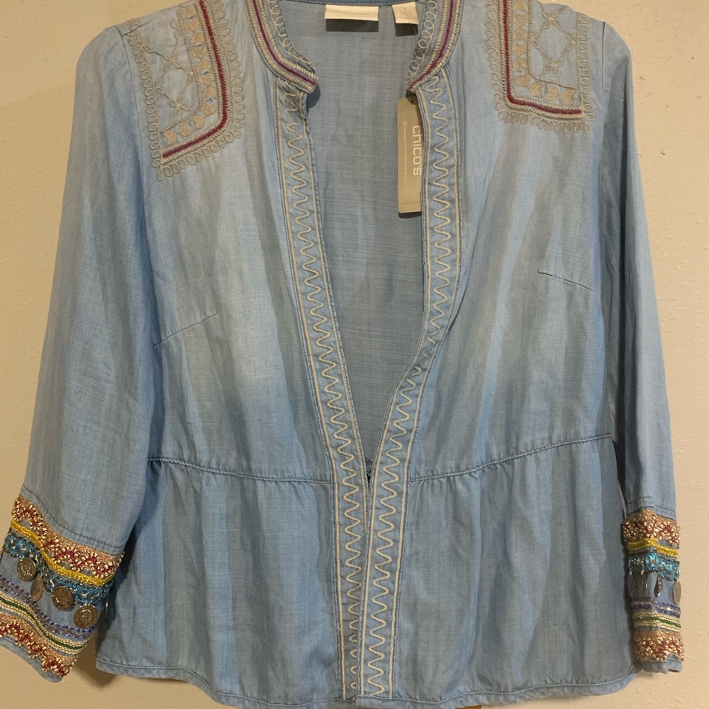Chicos Sz 1 Medium Coin Embroidered Denim Chambray Jacket Boho